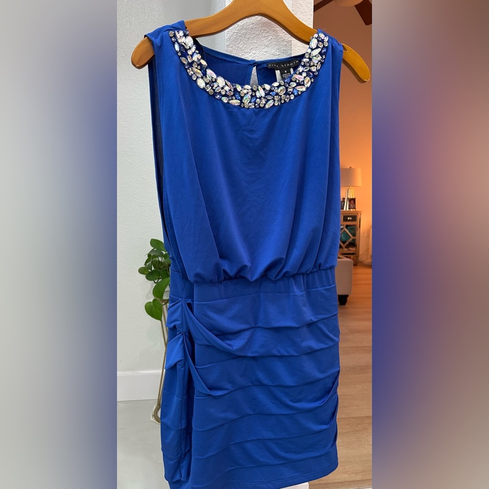 City Studio Royal Blue Jeweled Neckline Mini Dress